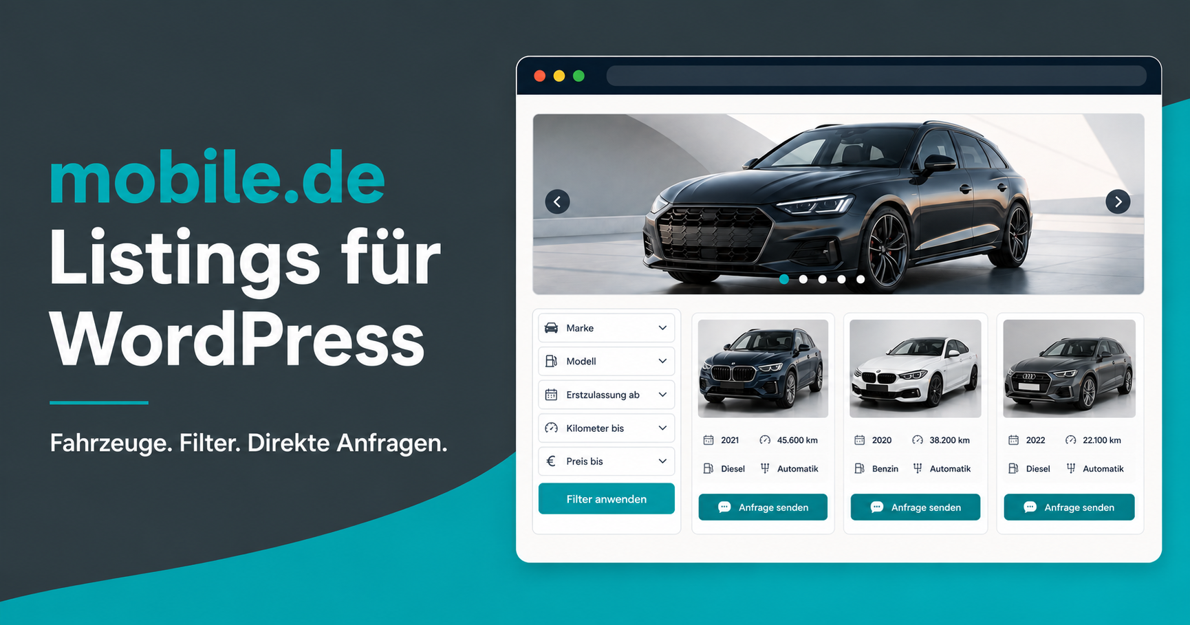 Übersicht der Fahrzeugdarstellung mit Bildergalerie, Filtern und direkten Anfragen